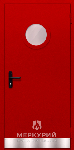 дверь однопольная с круглым стеклом (красная) ei-90 с отбойником