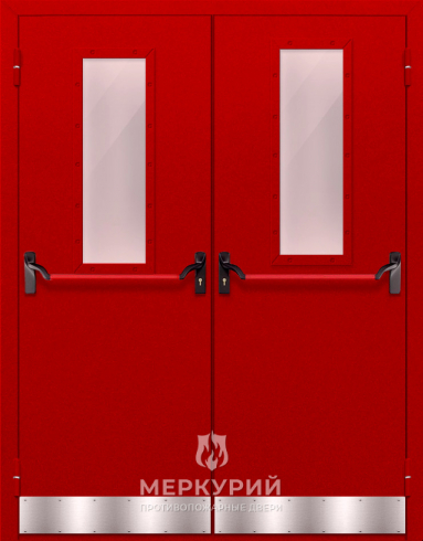 дверь двупольная со стеклом, отбойником и антипаникой (красная) ei-90