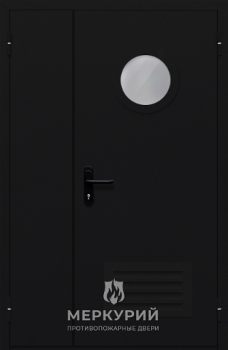 дверь полуторная с круглым стеклом и решеткой (тёмно-серая)