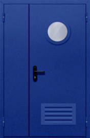 дверь полуторная с круглым стеклом и решеткой (синяя)