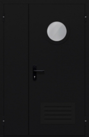 дверь полуторная с круглым стеклом и решеткой (тёмно-серая)