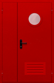 дверь полуторная с круглым стеклом и решеткой (красная) ei-90